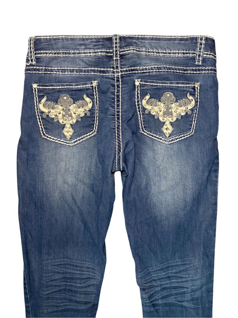Wax Jean Blue Skinny Jeans with Embroidered Cream Back Pockets